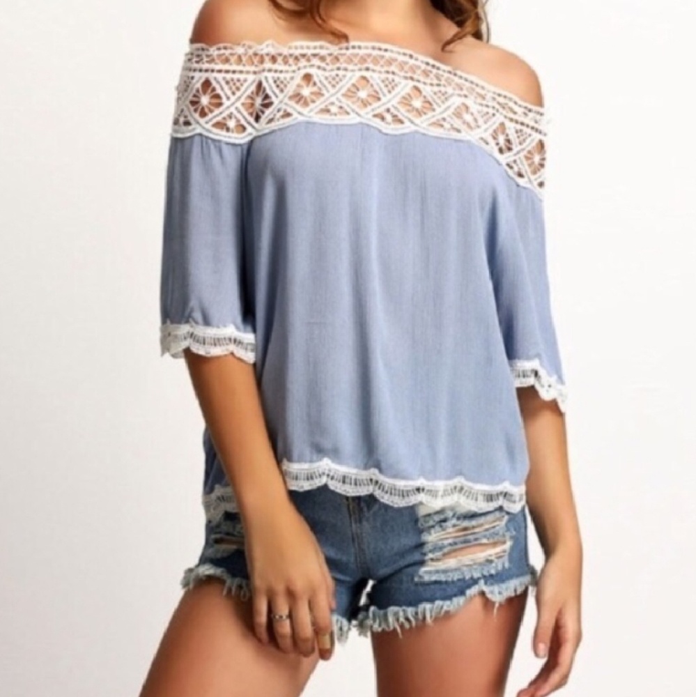 NWT Off Shoulder Blue Top Lace Trim BoHo Top S M L